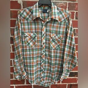 Vintage Maverick Permanent Press Long Sleeve Snap Large Plaid Western Shirt B-4